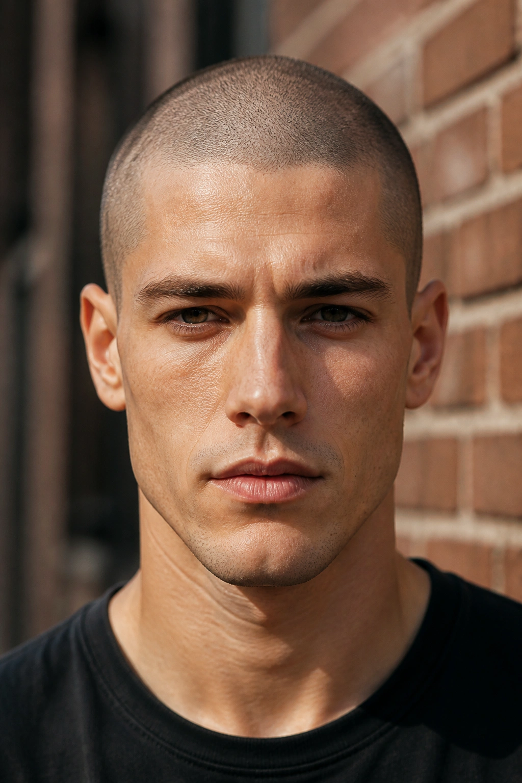 Close-up of a man with a buzz cut in an outdoor urban setting
