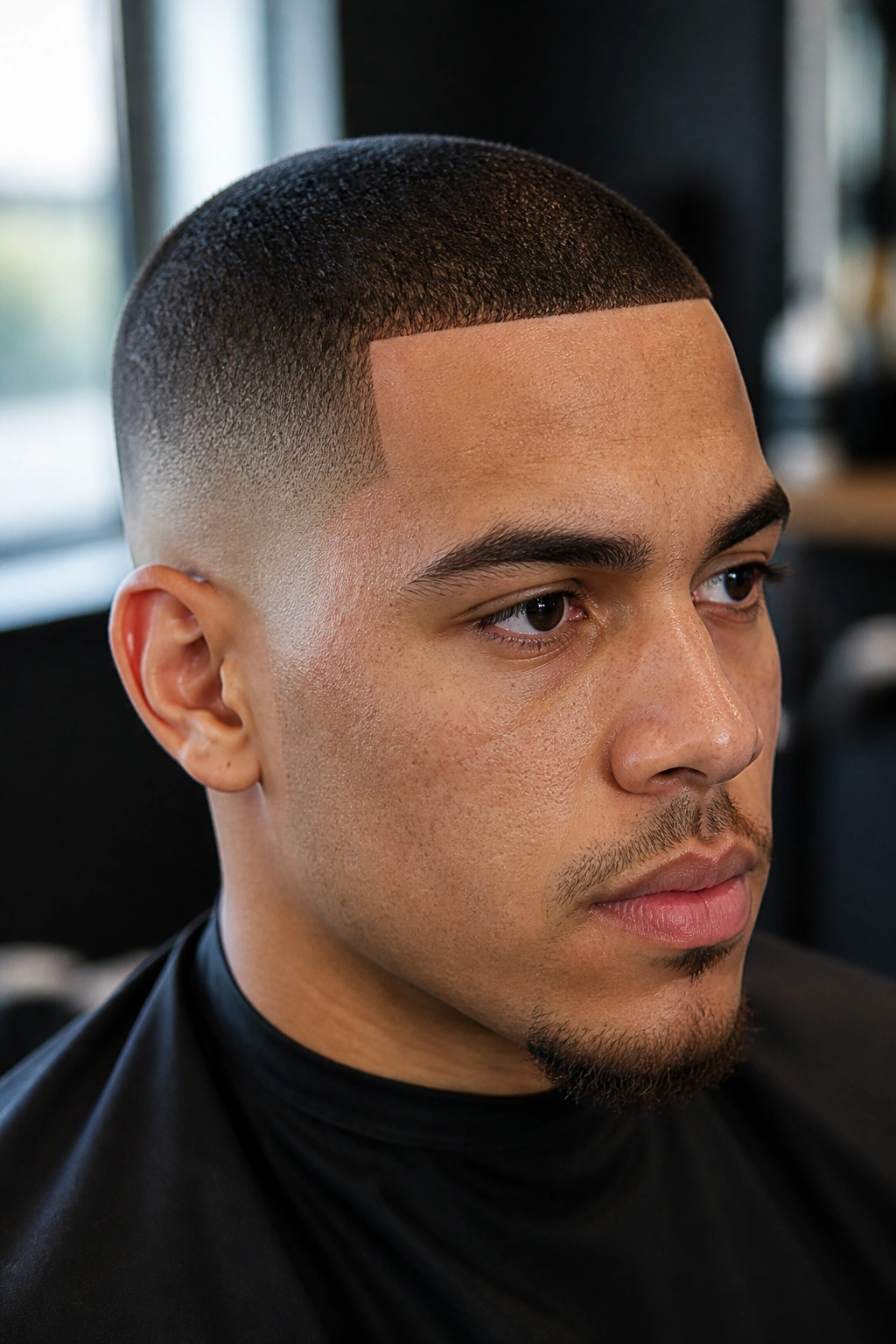 Close-up portrait of a real person with a buzz cut and a line-up