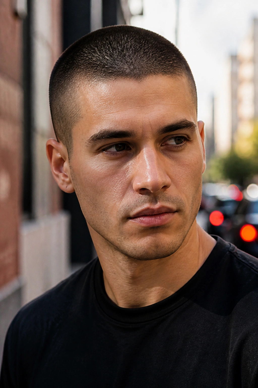 Close-up portrait of a man with a buzz cut on a sunlit city street