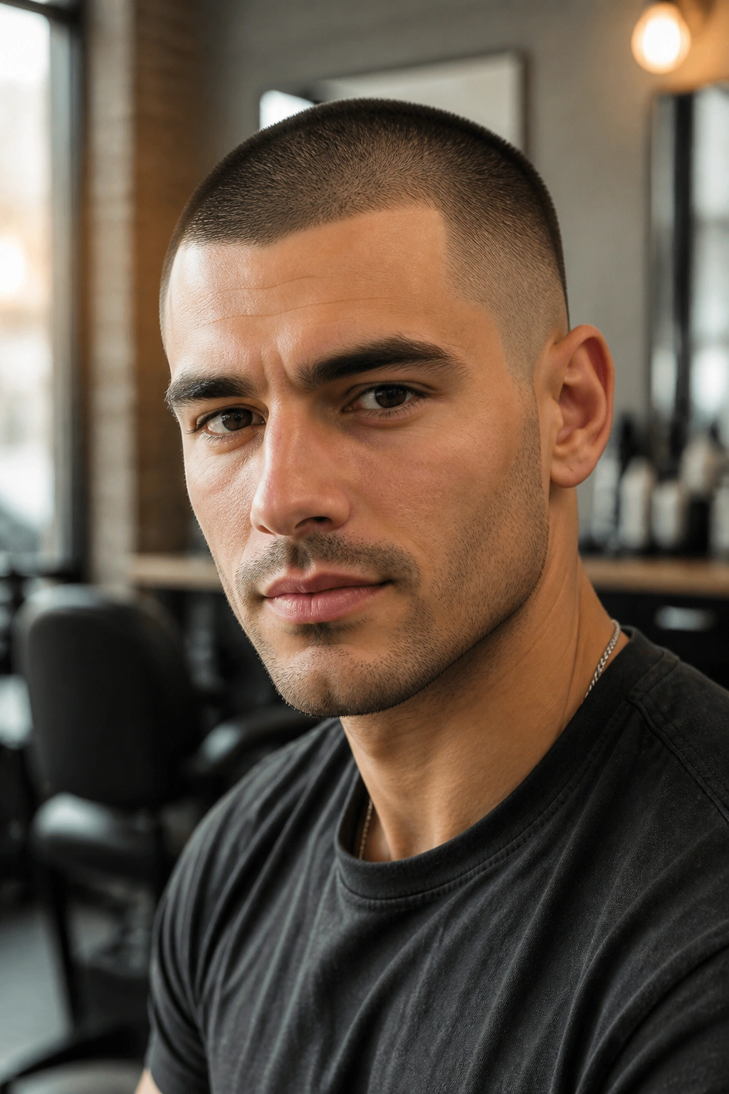 Close-up portrait of a man with a buzz cut in a barbershop setting