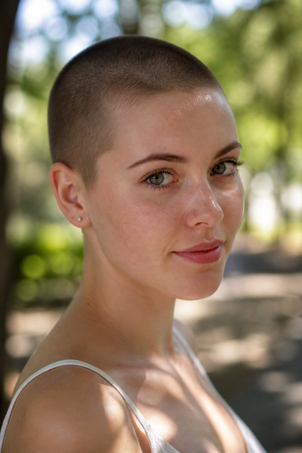 Portrait of a girl with a buzz cut in dappled outdoor light