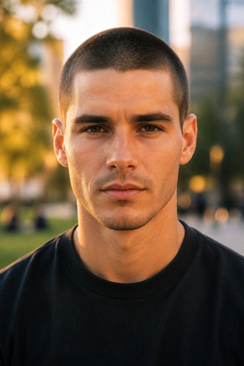 Close-up portrait of a man with a buzz cut in an outdoor setting