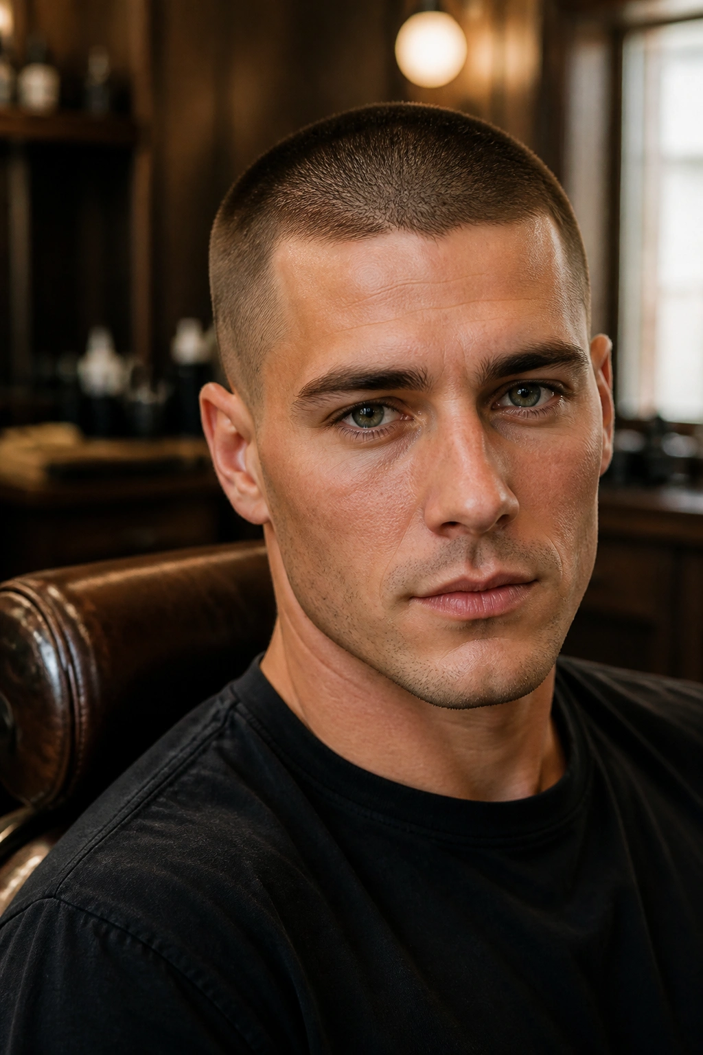 Close-up portrait of a man with a uniform buzz cut in a warm barbershop setting