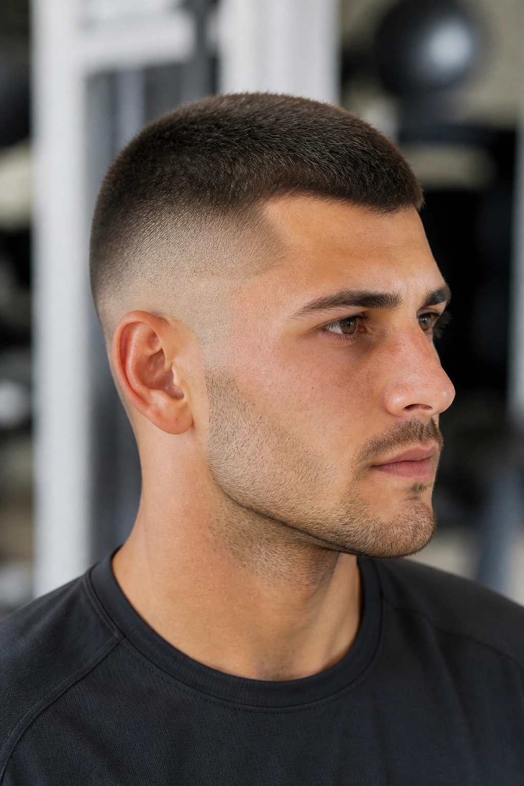 Close-up of man with buzz cut and shadow fade in a gym setting