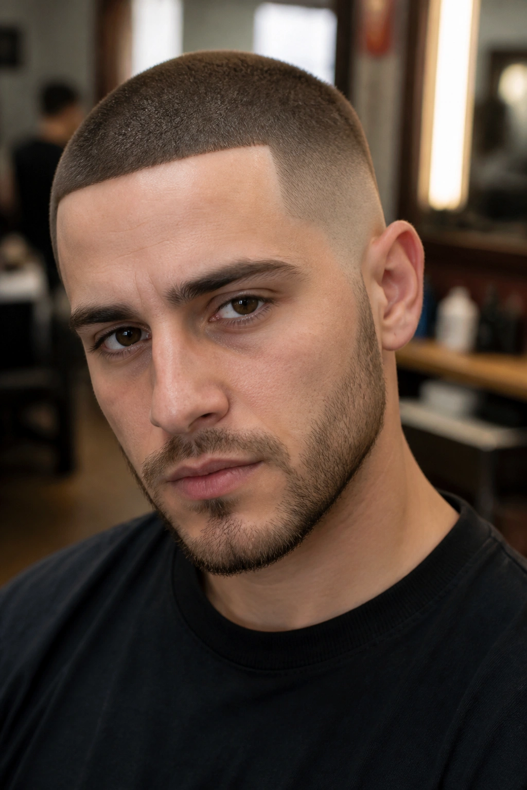 Close-up portrait of a man with a buzz cut and sharp line-up