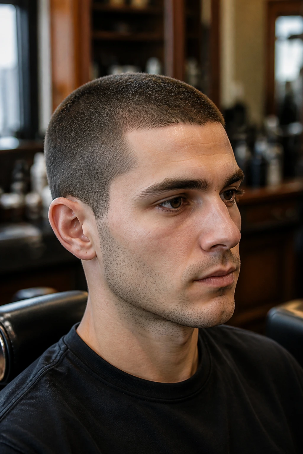 Close-up of a real man with a buzz cut, even length hair and clean scalp.