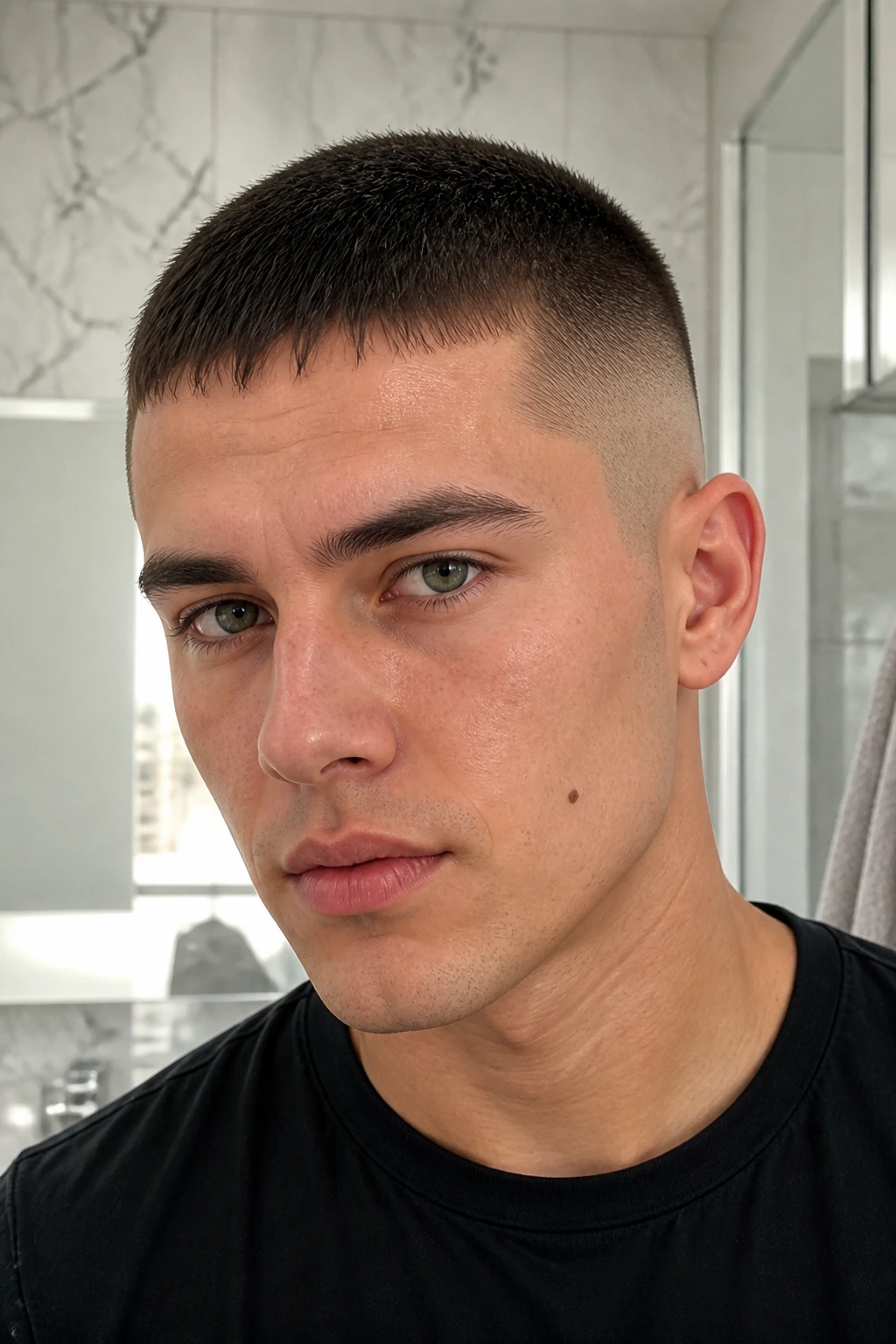 Close-up of real person with buzz cut and soft fringe under natural light