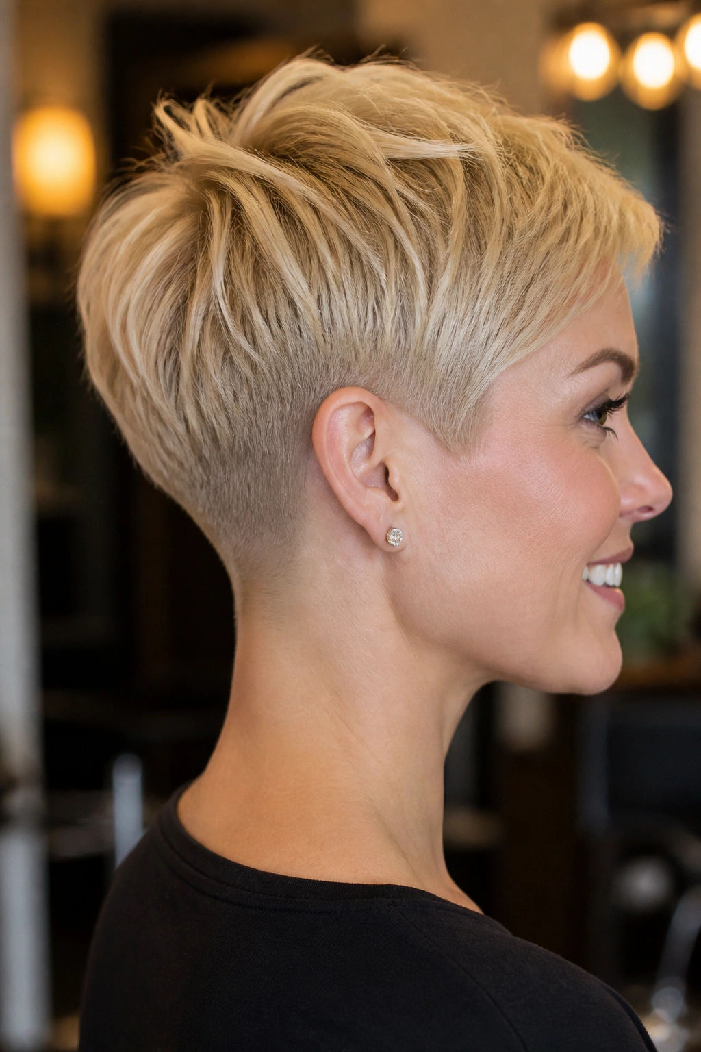 Profile of a woman with buzzed nape blonde pixie and a soft top.