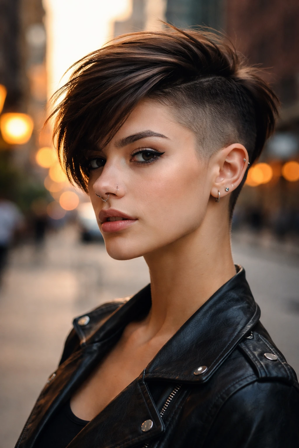 Close-up portrait of a girl with buzzed-side pixie showing sharp edge