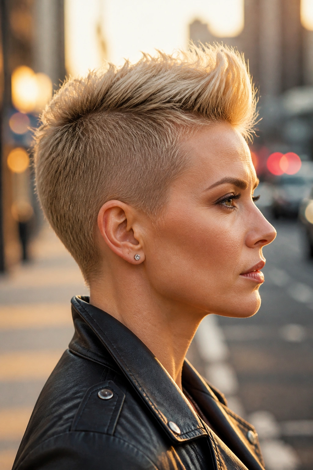 Side-profile of a real woman with buzzed-sides longer-top pixie blonde.