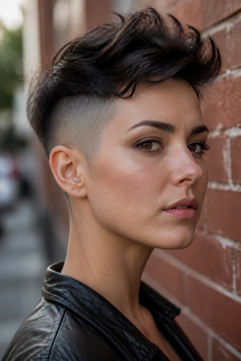 Close-up of real person with buzzed temples and longer top.