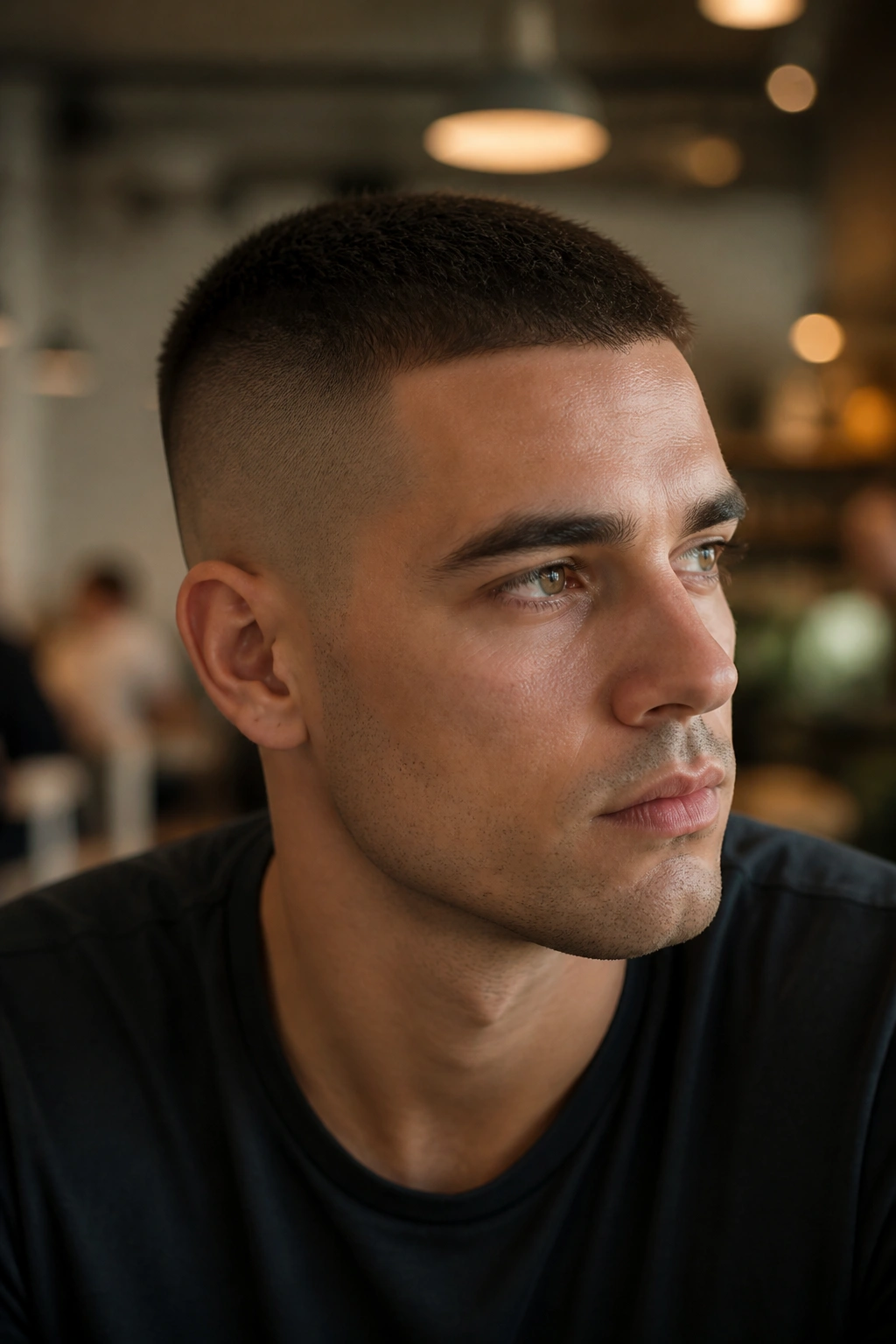 Portrait of a person with a clean buzzed undercut in a cafe setting.