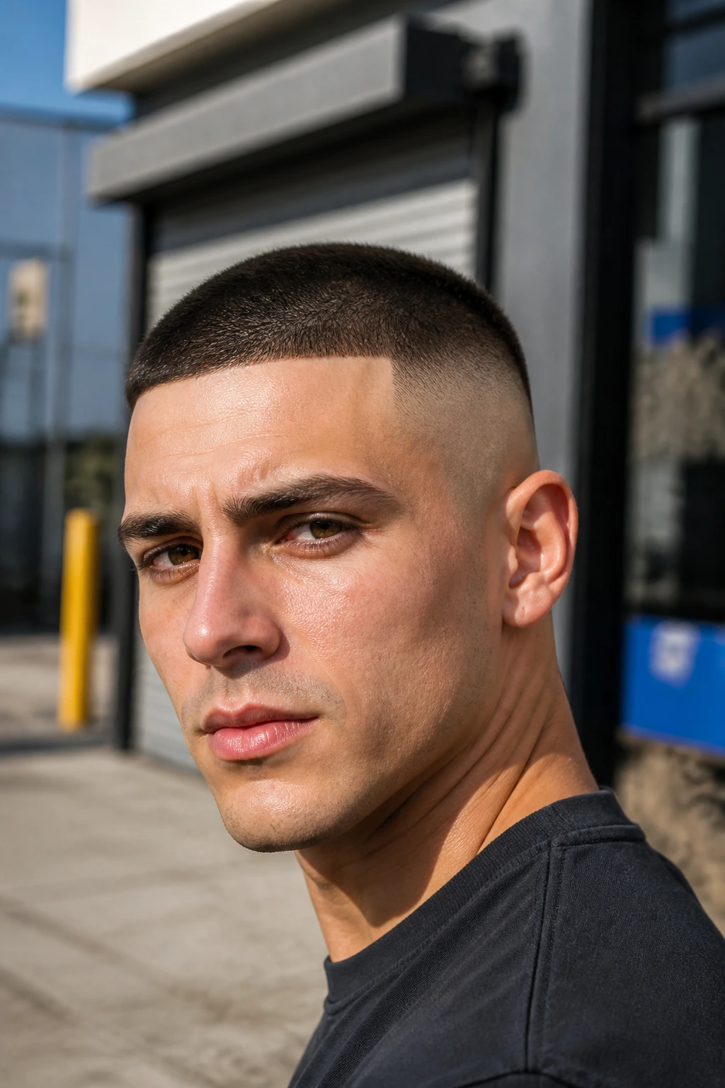Close-up of a person with a buzzed-top undercut and tight fade.
