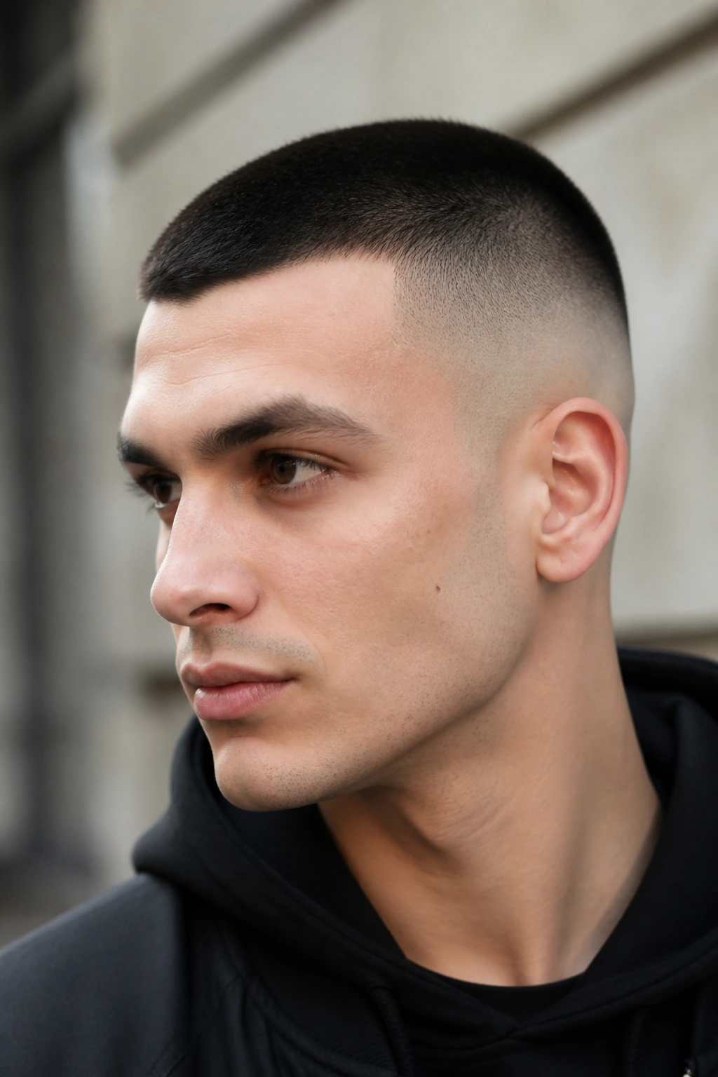 Close-up portrait of a real man with a buzzed undercut and skin fade
