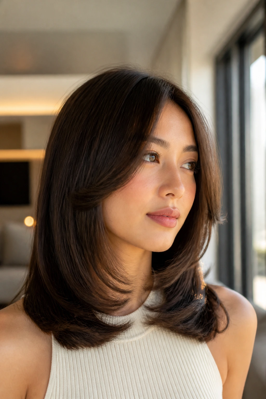 Close-up of a real woman with soft inward curls outlining the cheeks