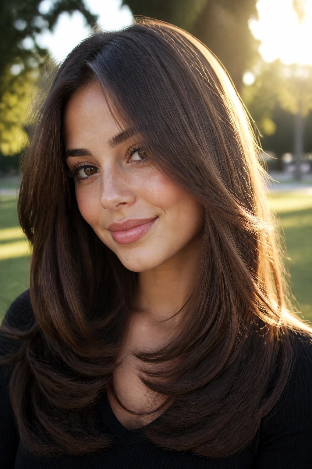 Brunette hair with inward-curving C-cut layers