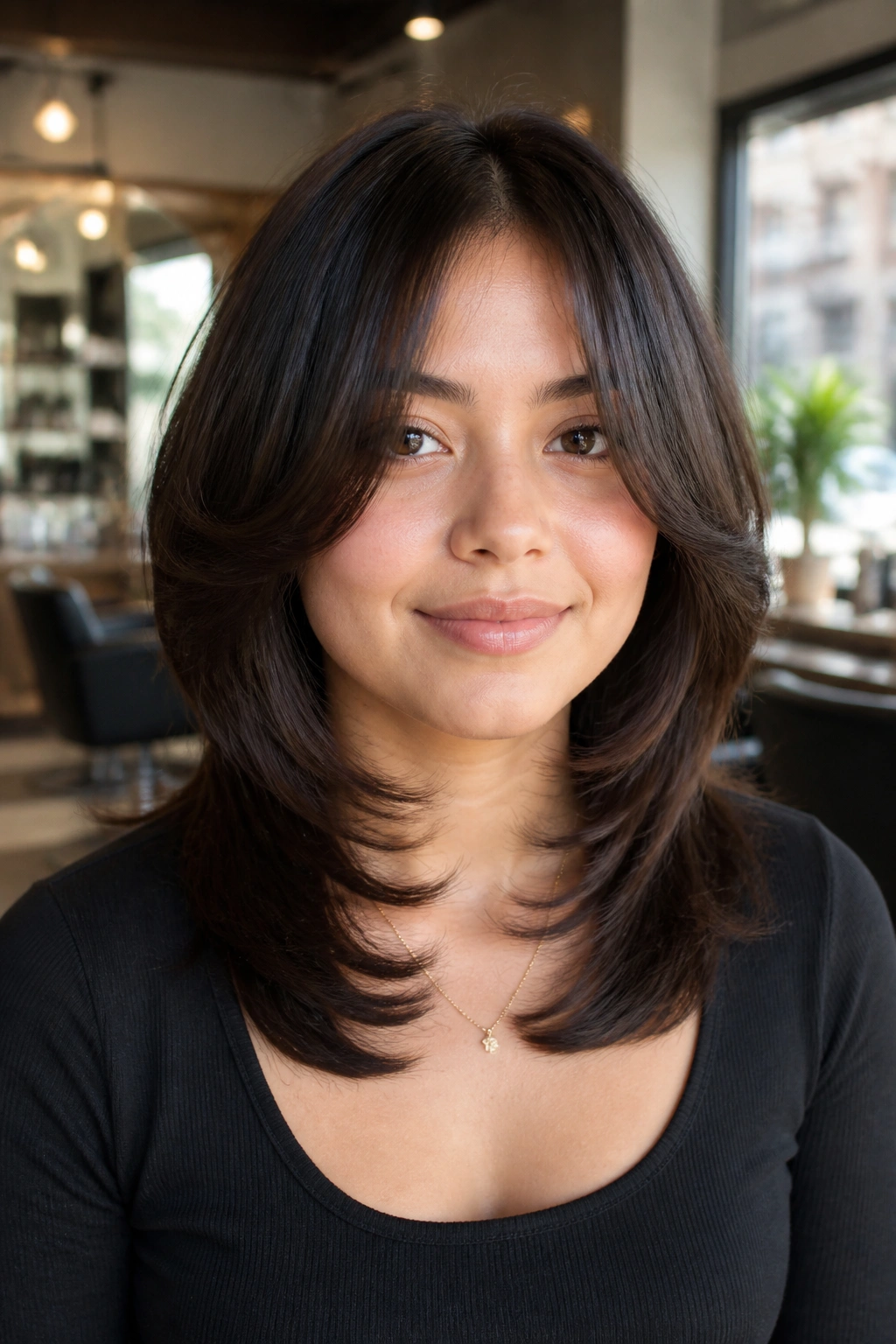 Close-up portrait of a real woman with C-cut layers hugging the cheeks
