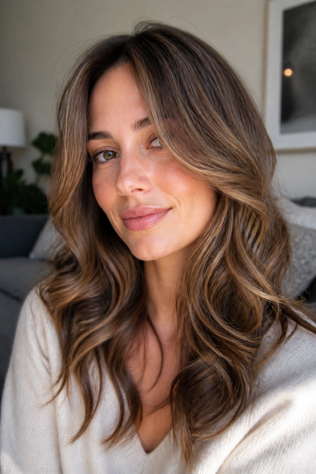 Portrait of a real woman with C-cut layers framing the face and soft waves.