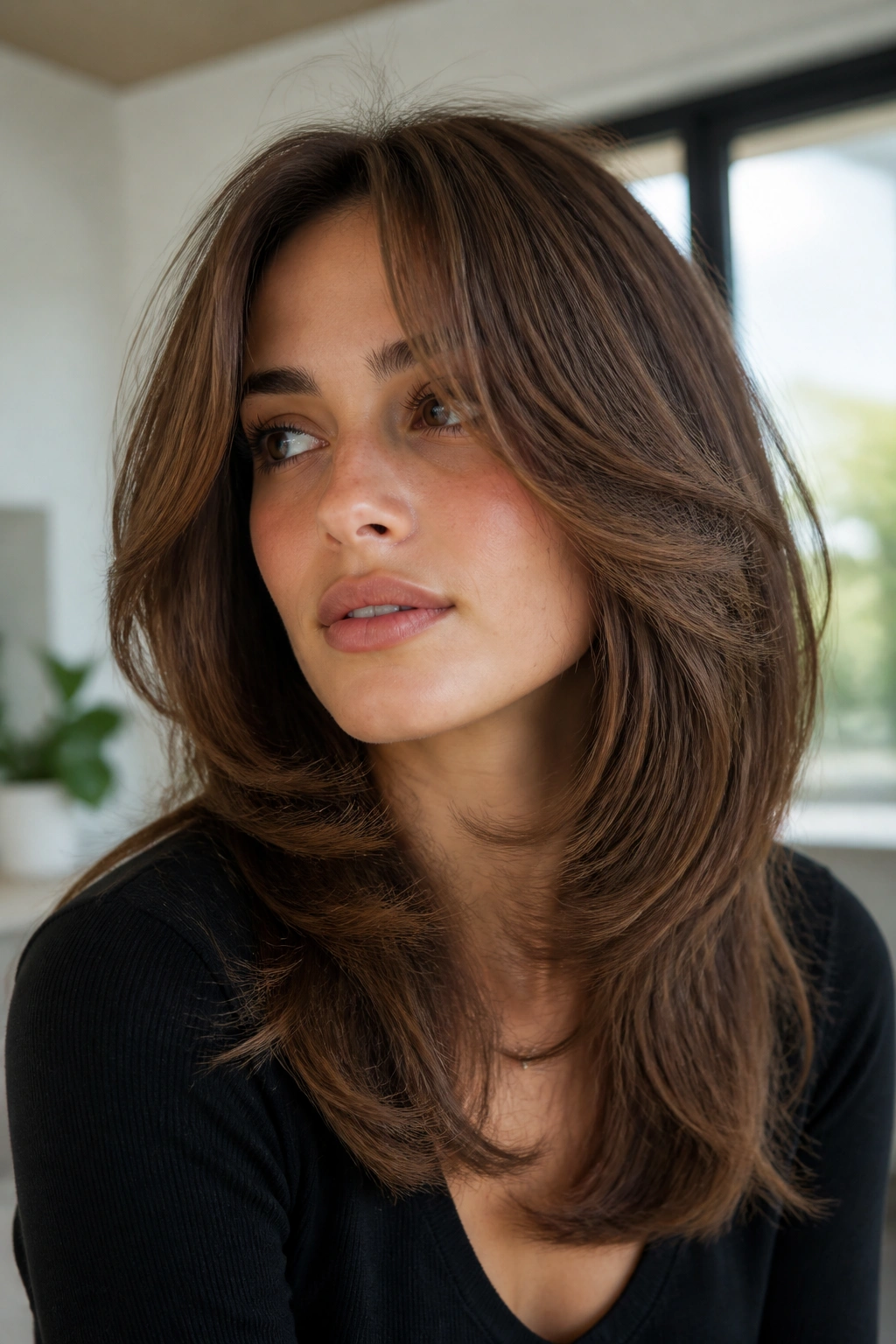 Close-up portrait of a person with a C-shaped rounded shag around the face in natural light