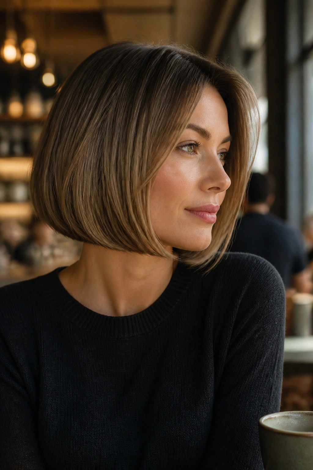 Real woman with a C-shape bob and curved ends