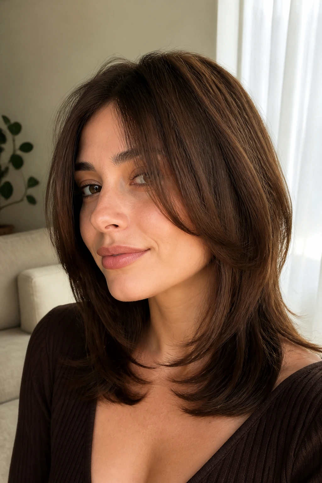 Close-up of brunette with a C-shaped face-frame shag and soft front volume.