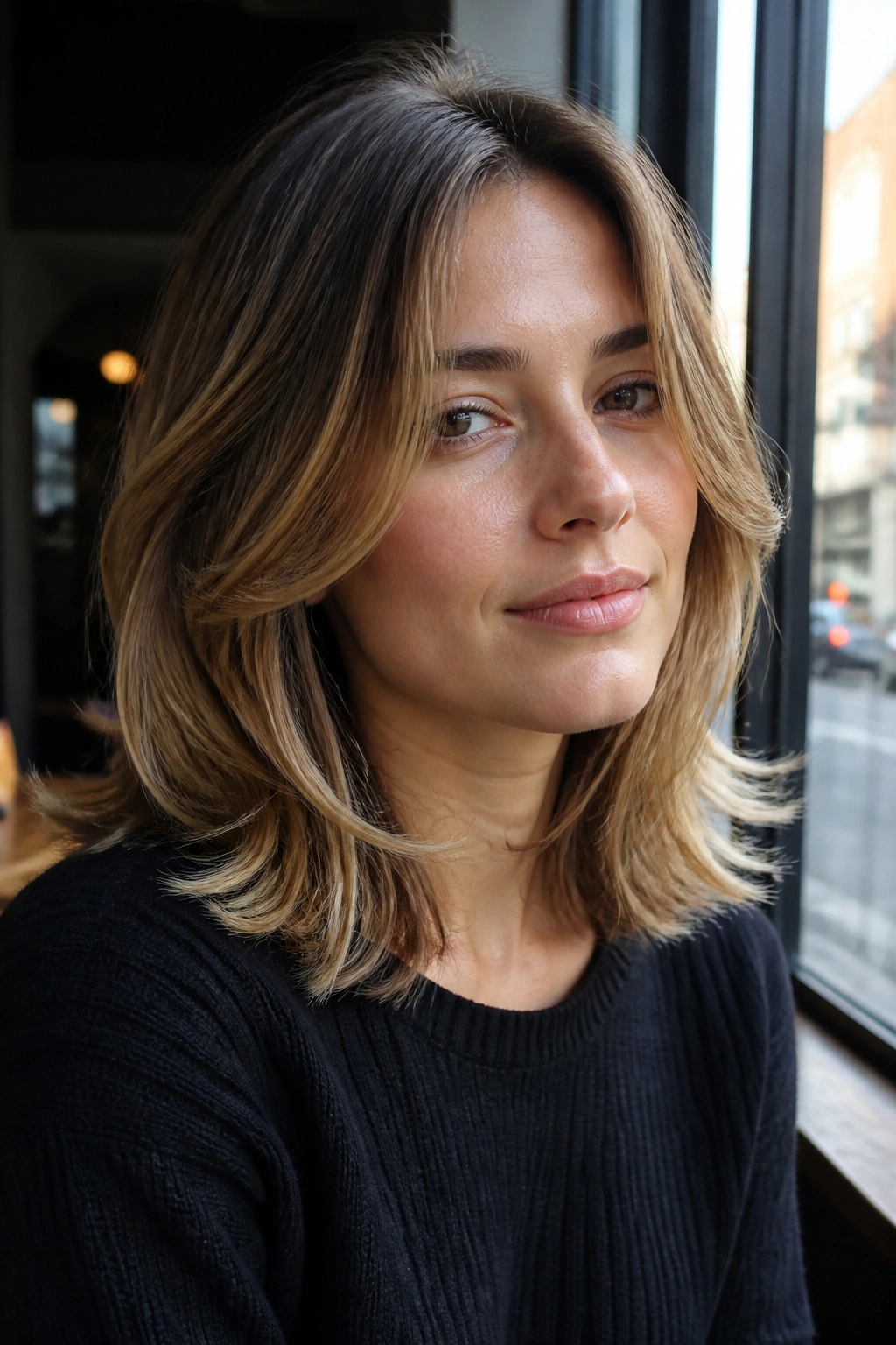 Real woman with C-shape layers around the face in cafe daylight
