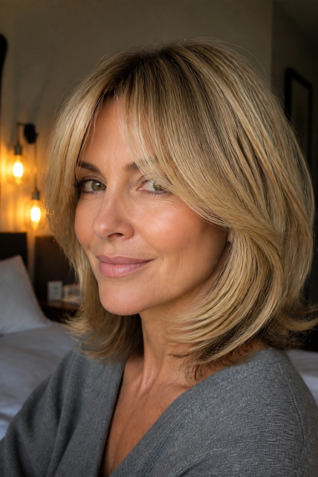 Close-up portrait of a real woman with C-Shaped Layers Around the Cheekbones framing the face