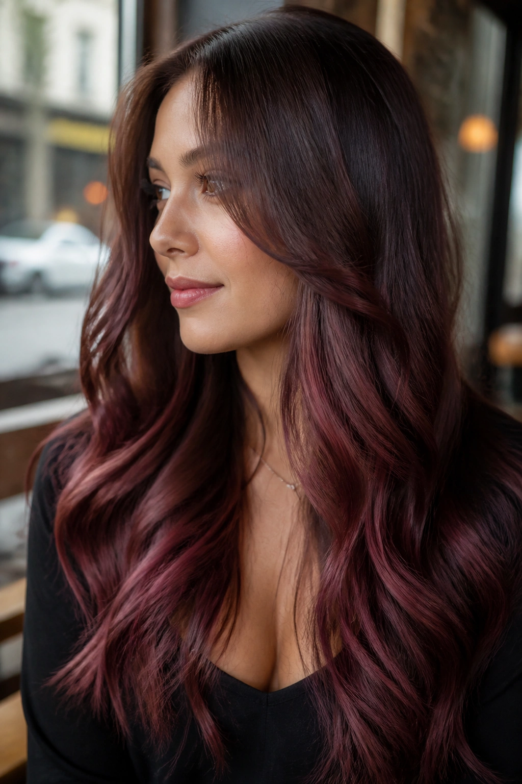 Close-up of a real woman with Cabernet balayage ribbons through chestnut brown hair.