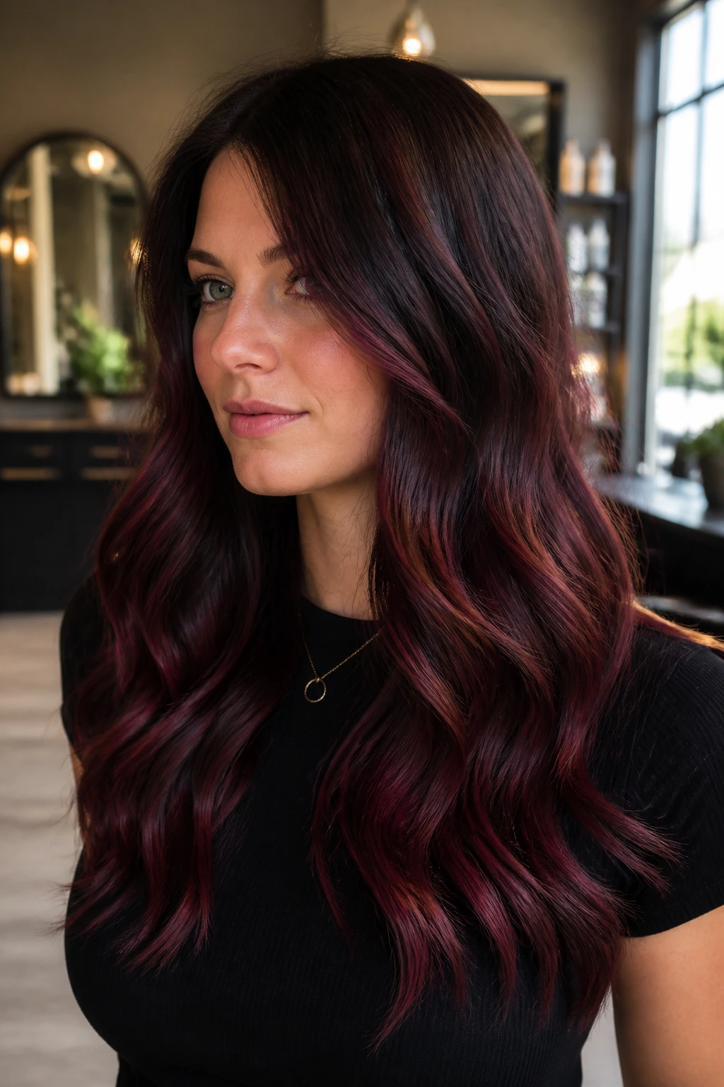 Close-up portrait of a person with dark brown hair featuring Cabernet balayage.