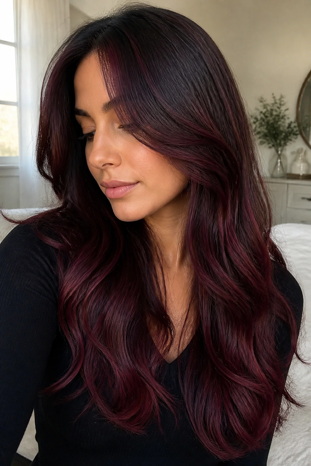Portrait of a woman with Cabernet balayage and invisible layers in soft light