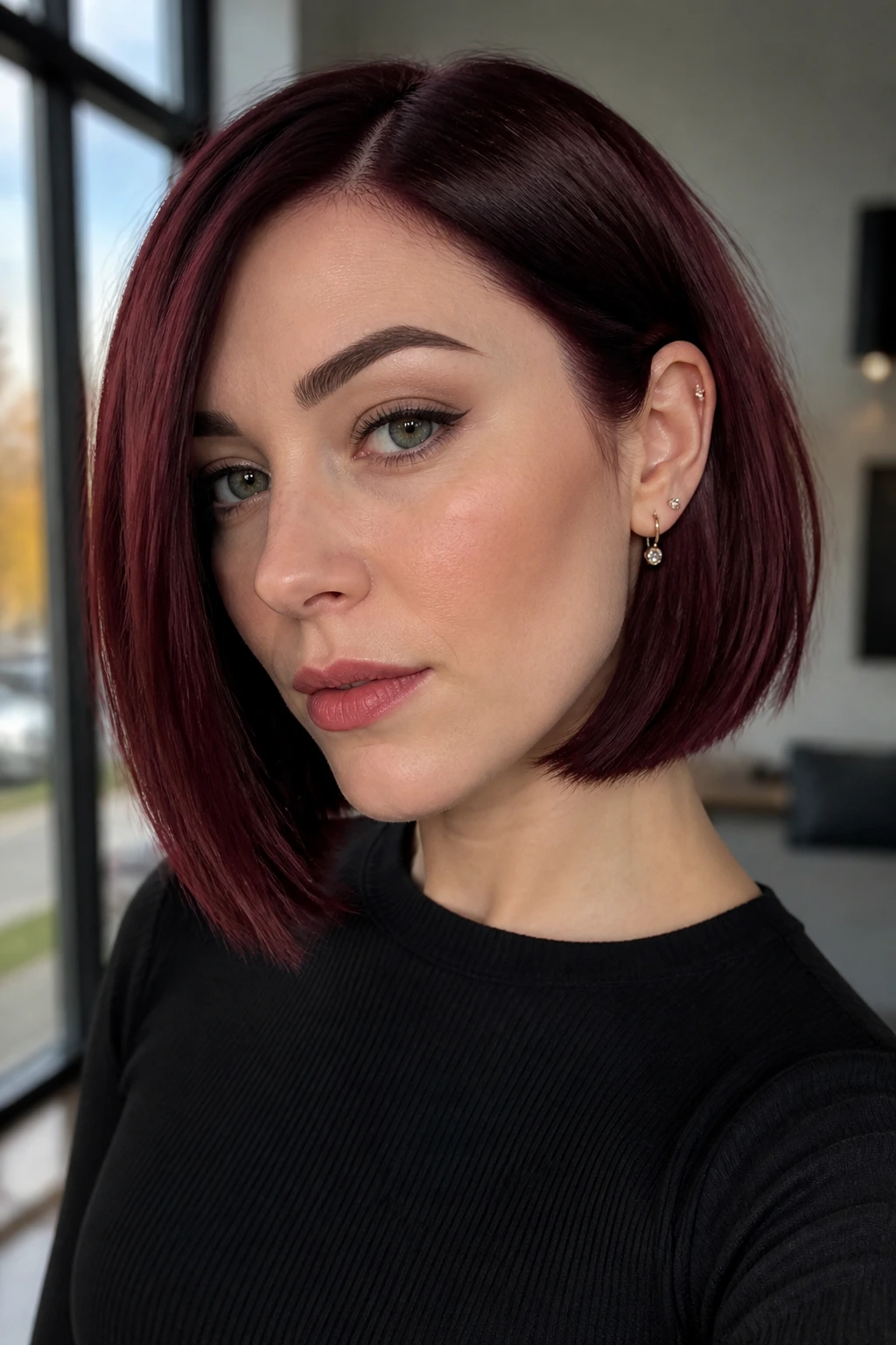 Close-up of real person with blunt Cabernet bob