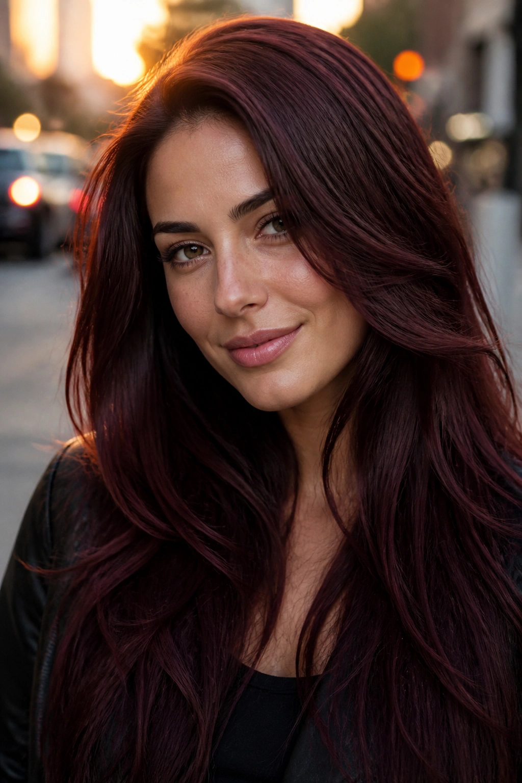Close-up portrait of Cabernet brown hair with deep burgundy tones
