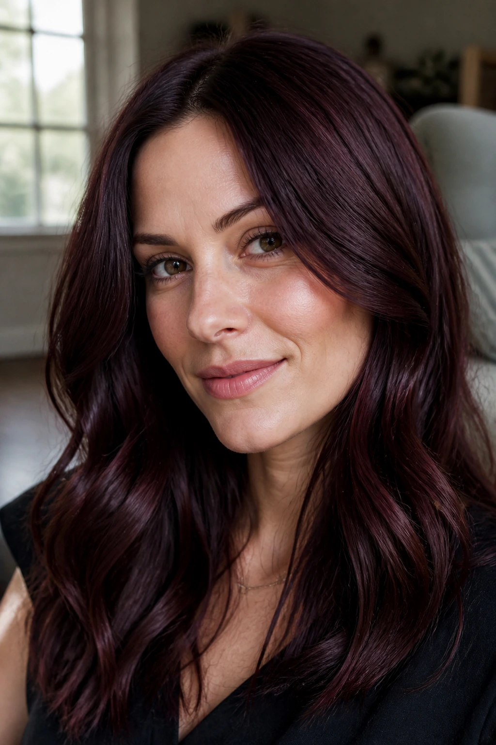 Close-up portrait of a real person with Cabernet Brown wine-toned brunette hair