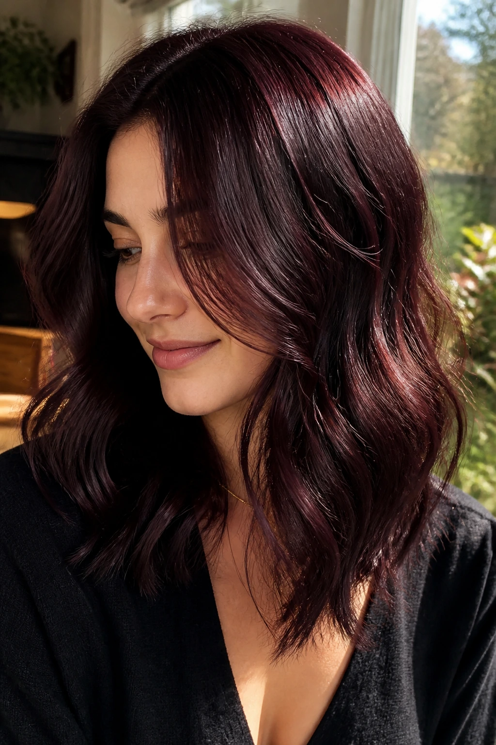 Real woman with cabernet brown waves showing color shift under natural light