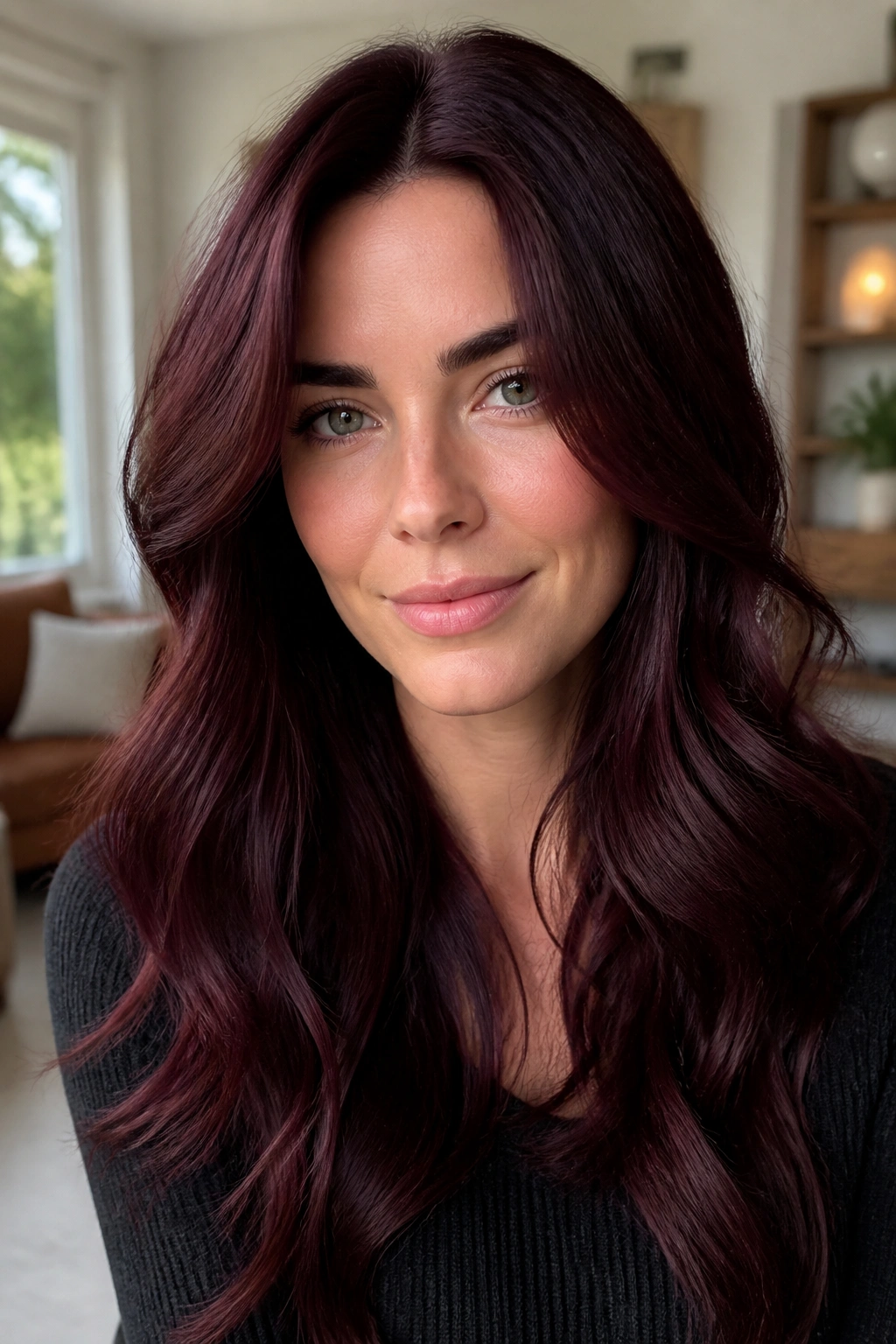 Close-up portrait of a real woman with Cabernet Brunette hair in a cozy living room