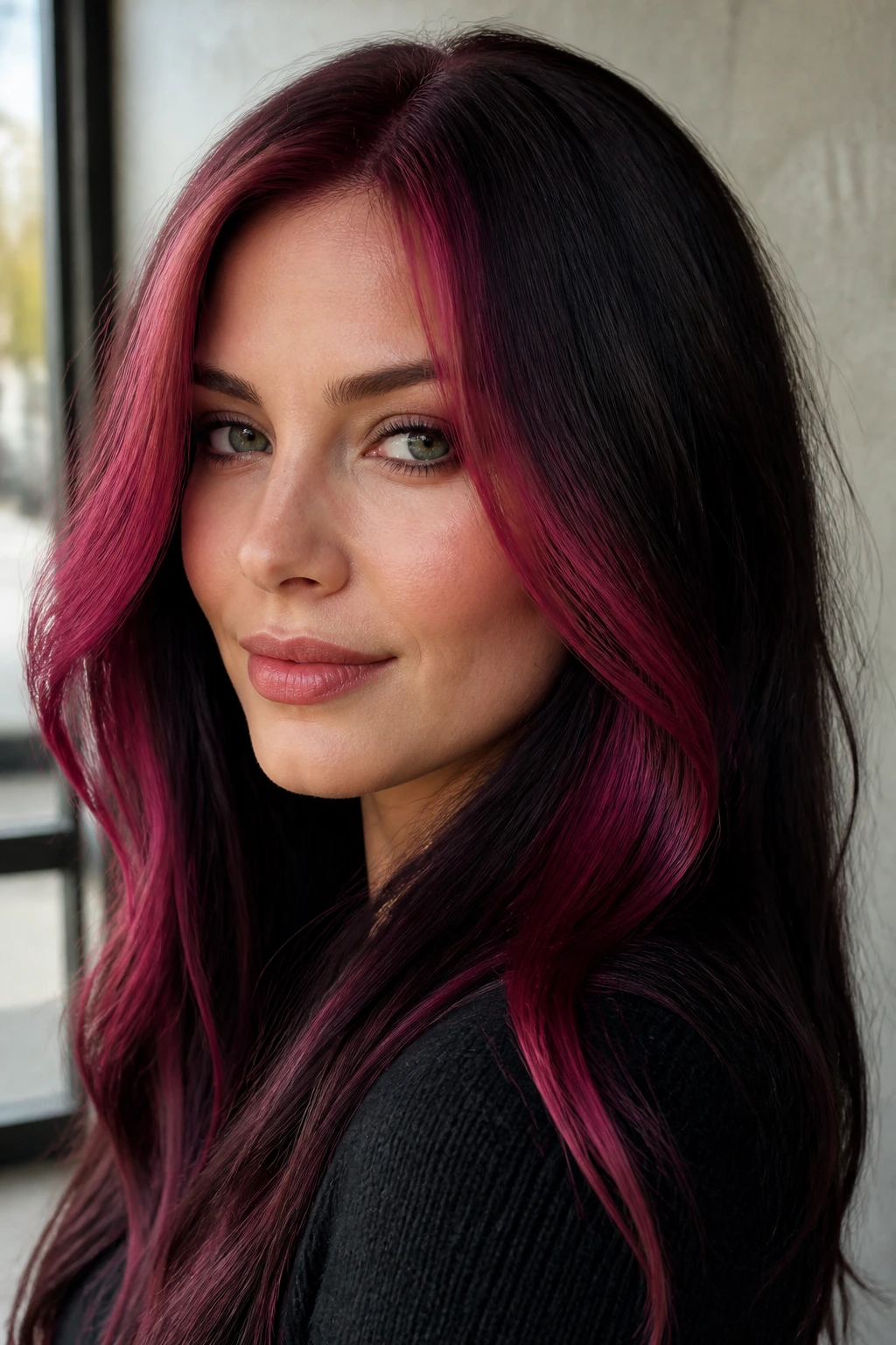Real woman with face-framing Cabernet Cherry Money Piece hair.