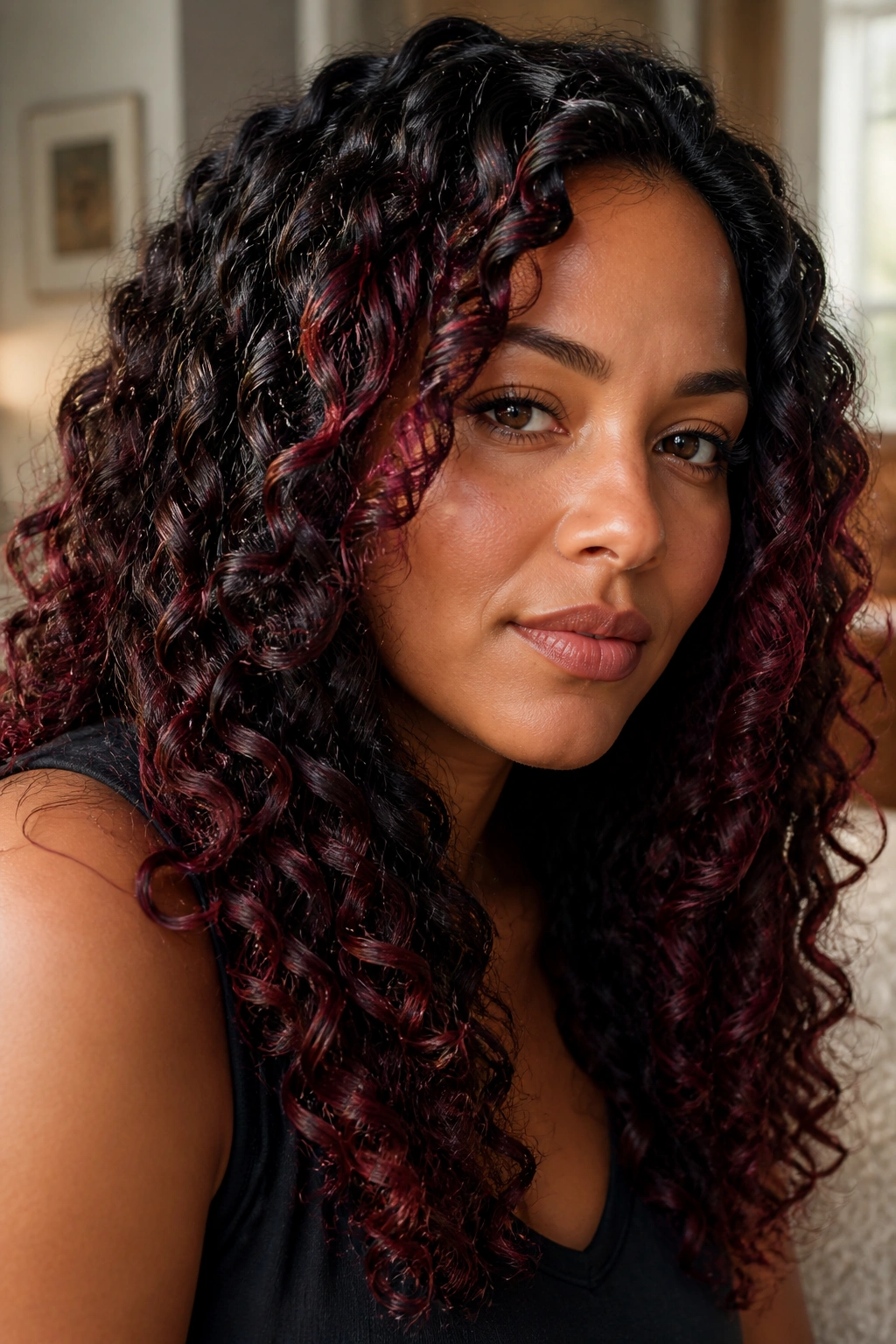 Close-up of a real woman with Cabernet red streaks woven through curls