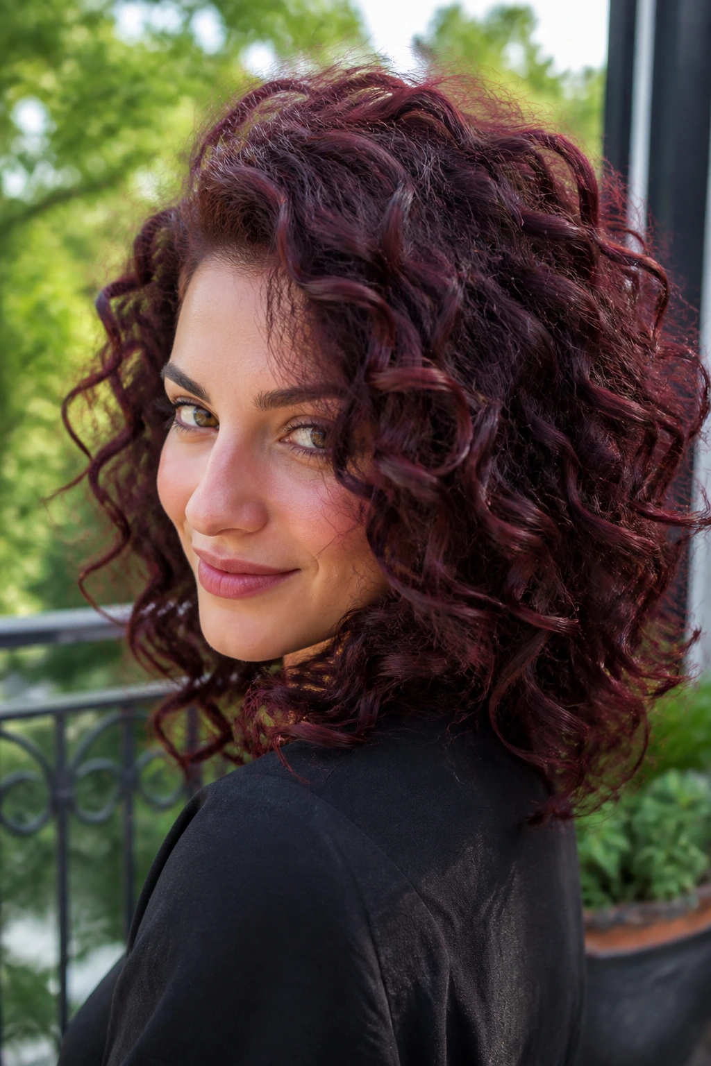 Close-up portrait of woman with cool cabernet curls