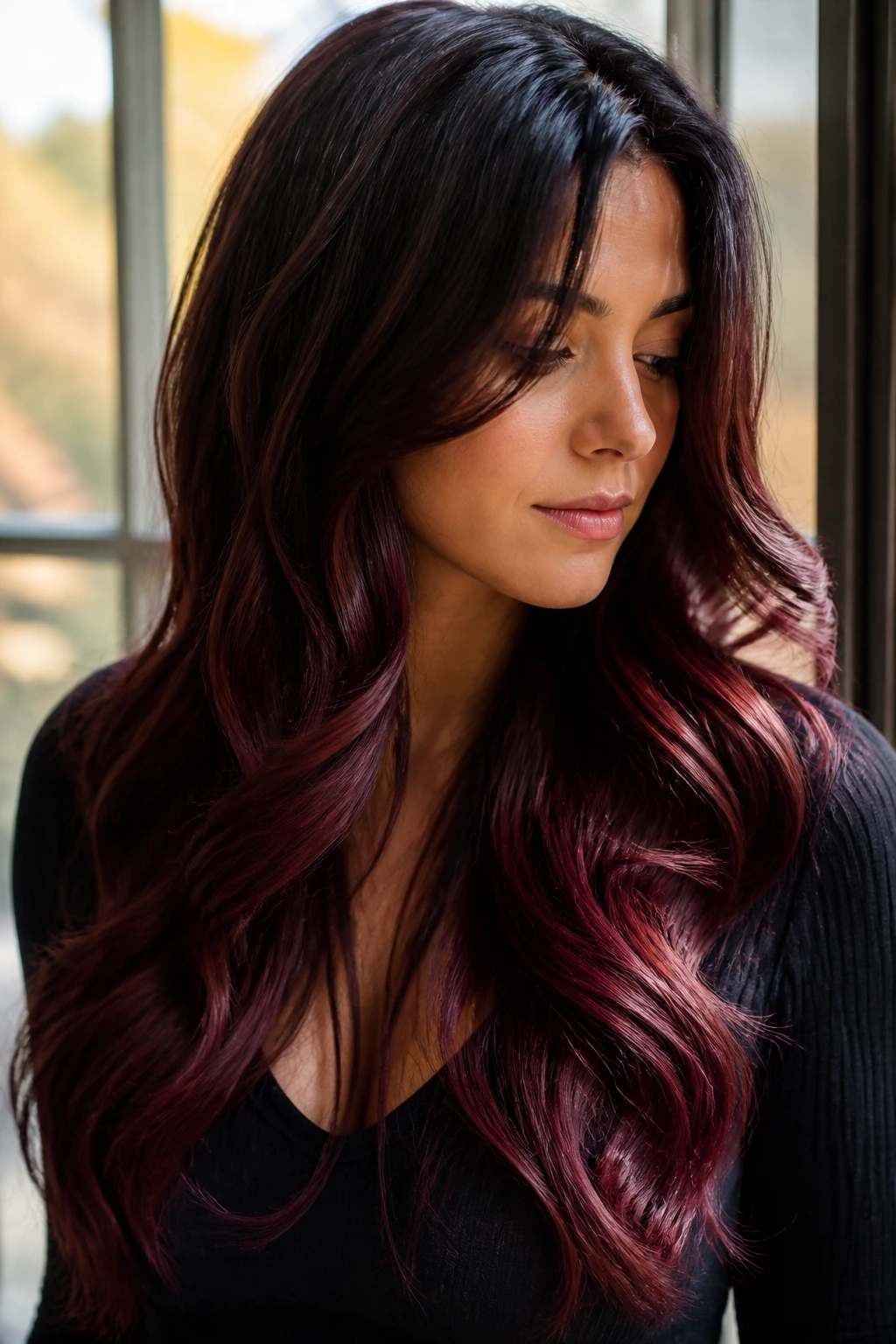 Close-up of a real woman with luxe cabernet curtain-fall ombre in long hair in natural daylight.