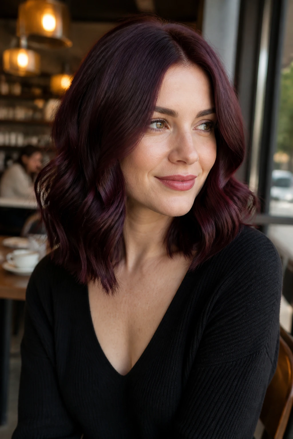 Head-and-shoulders portrait of a real woman with Cabernet lob and soft waves