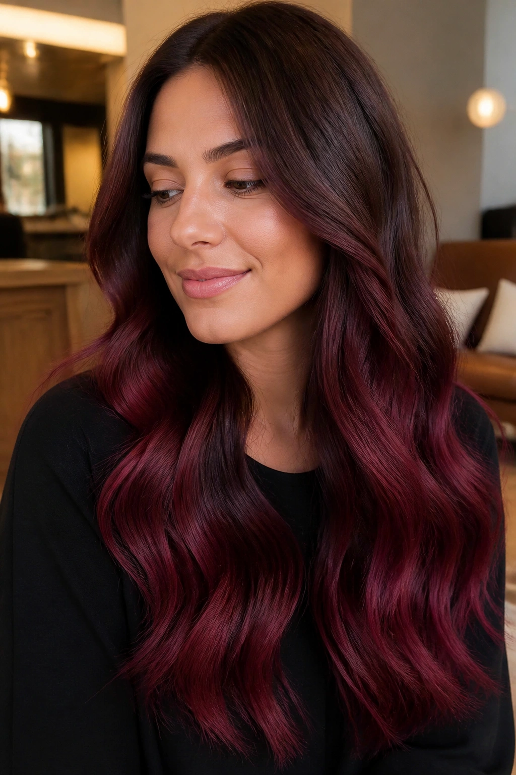 Close-up portrait showing Cabernet Ombré ombré from mid-lengths to ends