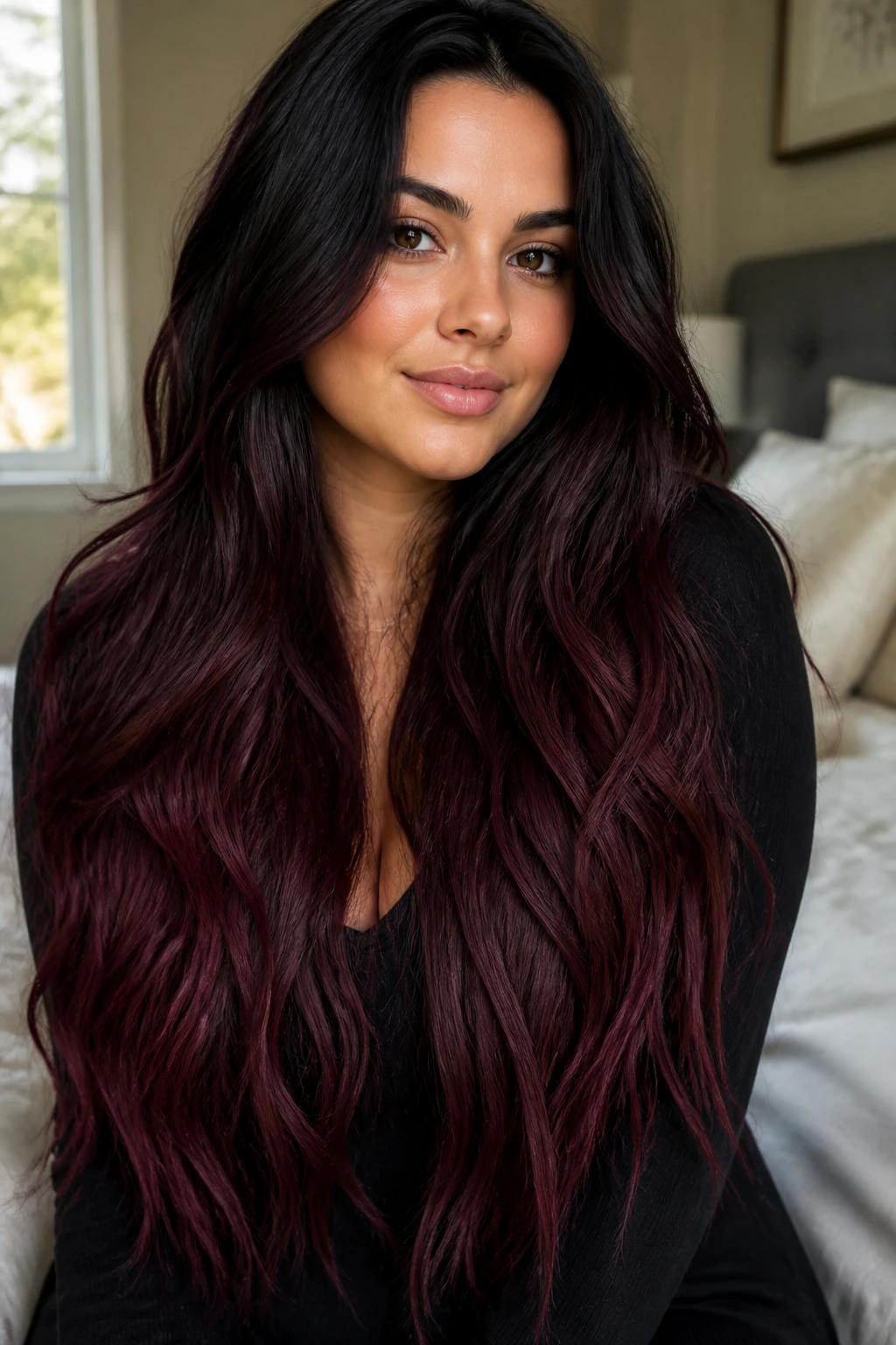 Close-up portrait of a real woman with waist-length hair showing a gradual black to dark cabernet ombre.