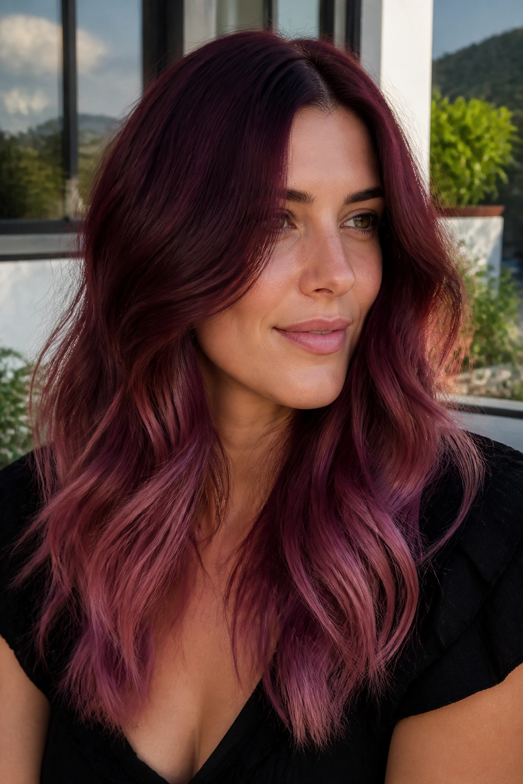 Portrait of a woman with Cabernet pink ombré hair