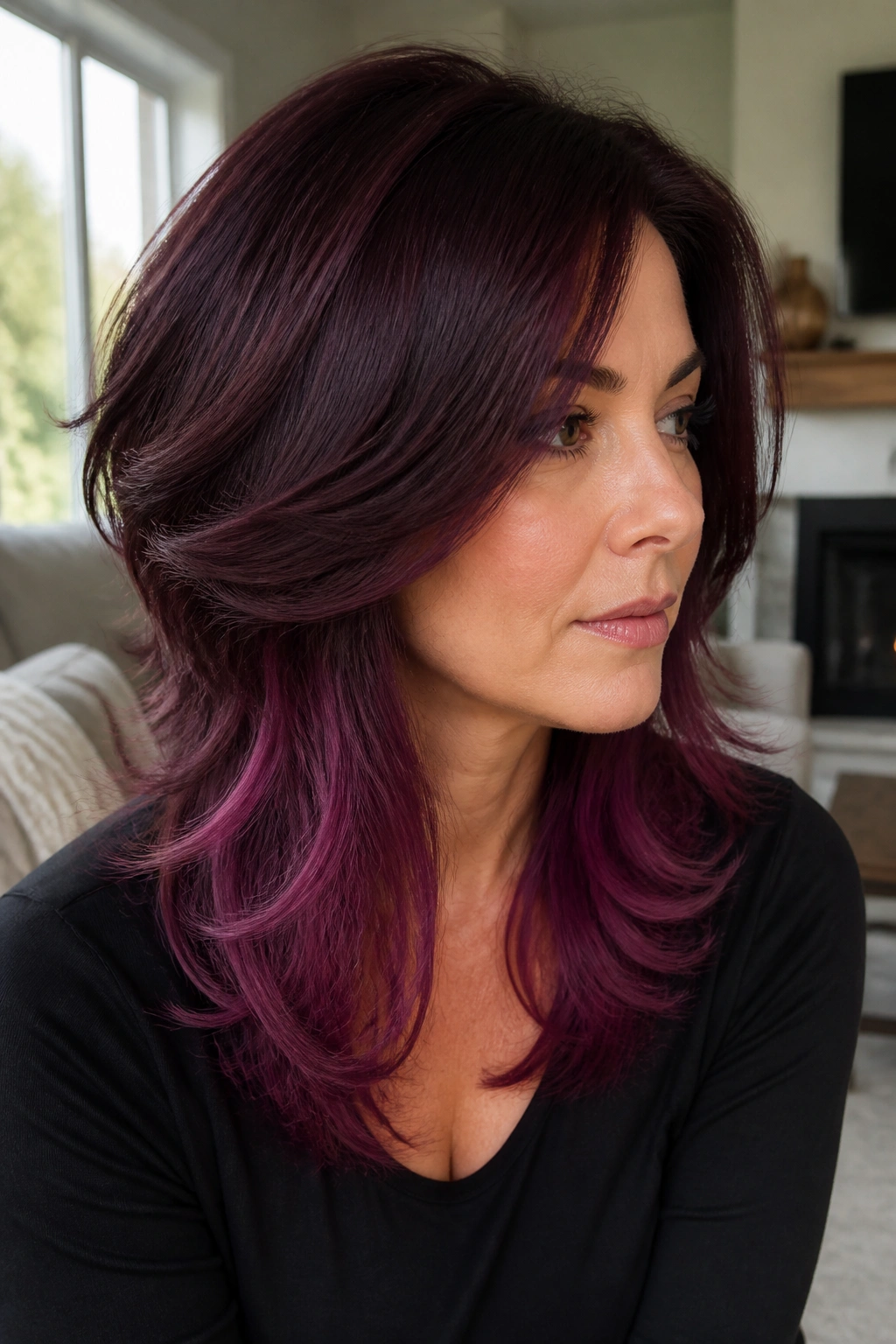Close-up portrait of a real woman with Cabernet purple layered cut