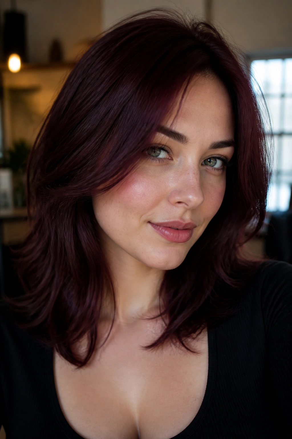 Portrait of a woman with Cabernet Red Velvet hair
