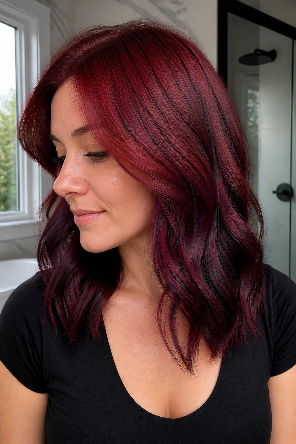 Close-up of a real woman with Cabernet reverse balayage hair