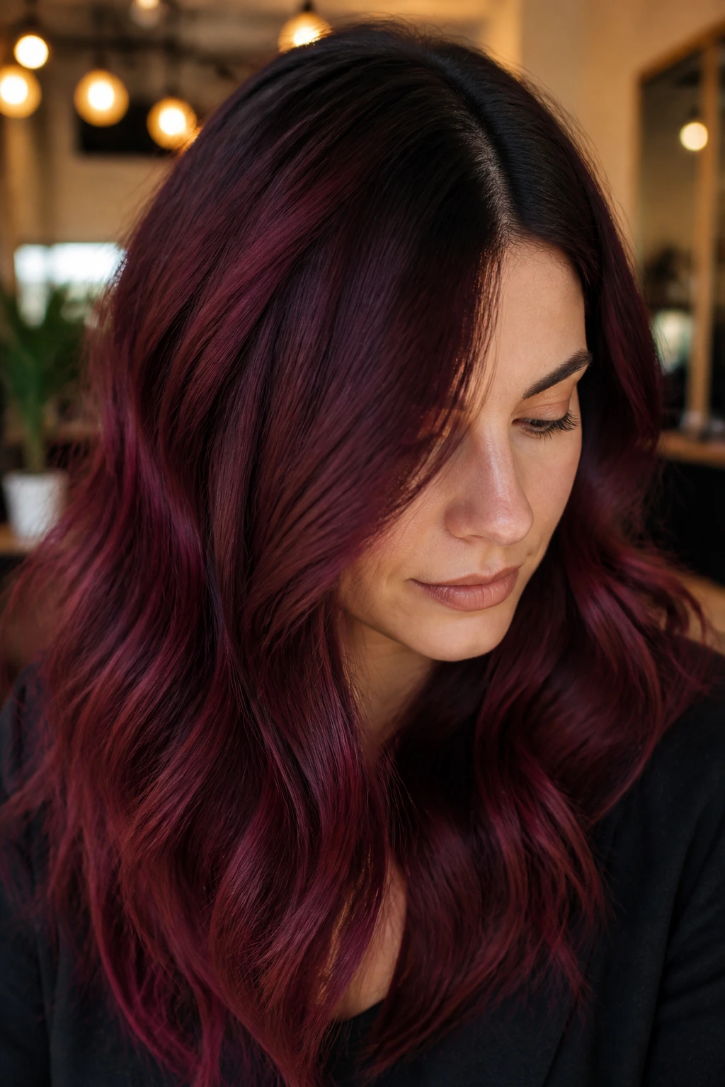 Close-up of Cabernet shadow root burgundy on a real person