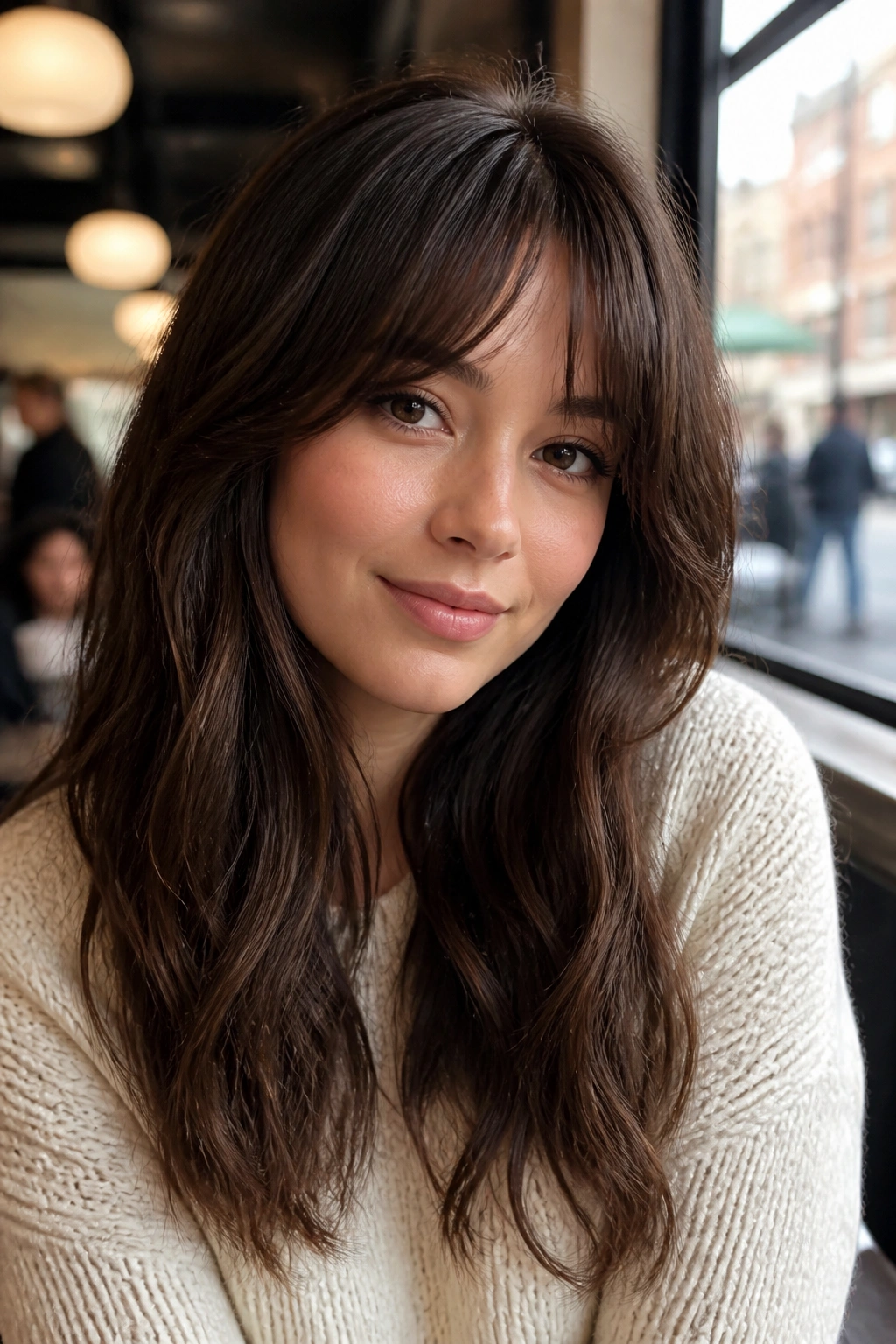 Close-up of a woman with cacao brown hair and bottleneck bangs by a cafe window