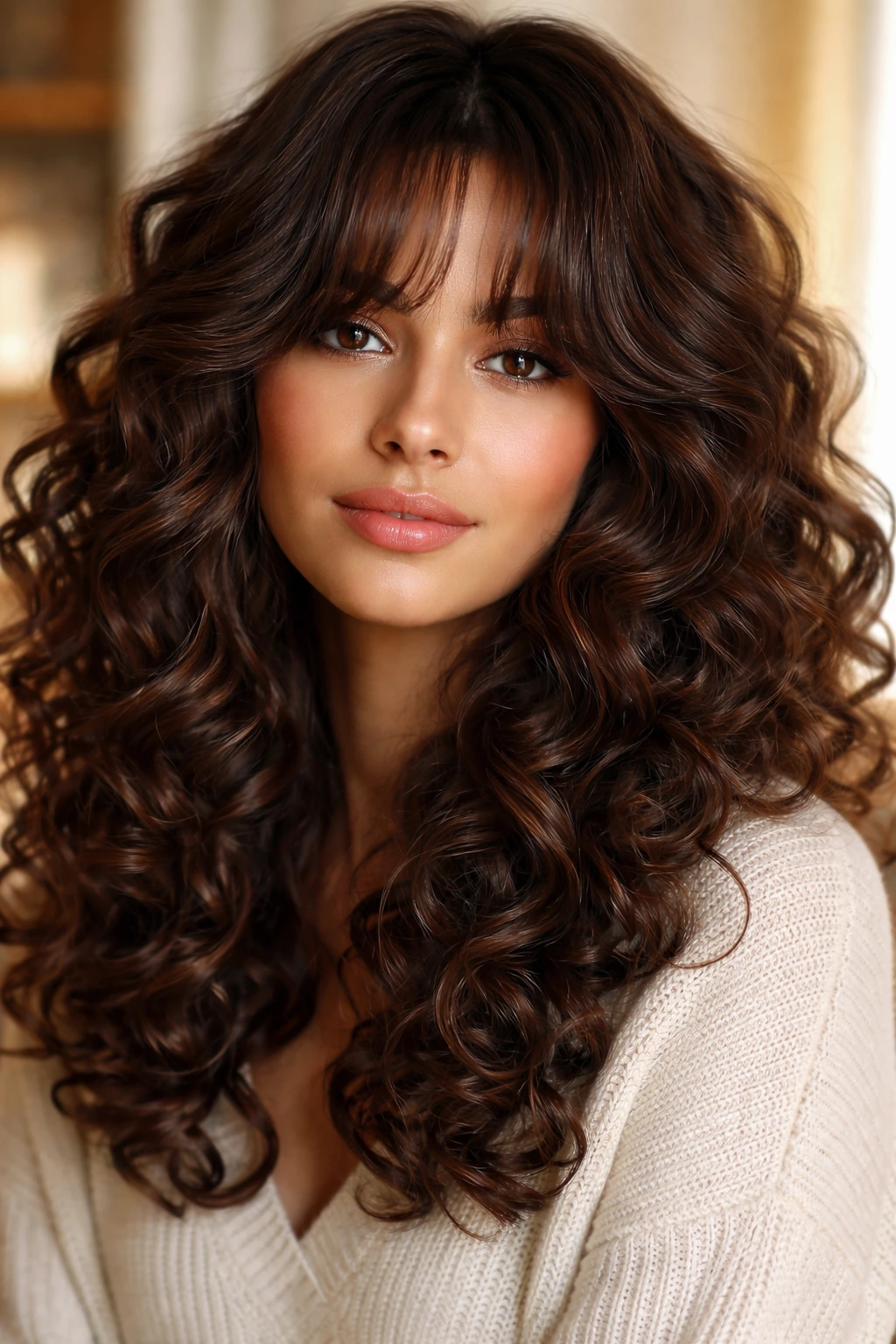 Real woman with cacao curls and curtain bangs close-up