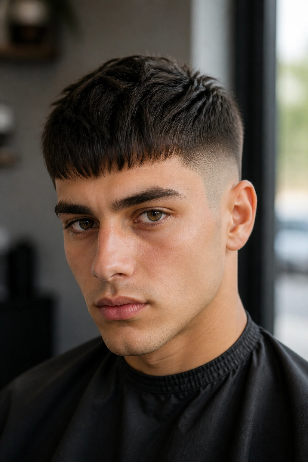 Portrait of a man with Caesar crop and fringed front in a modern barbershop